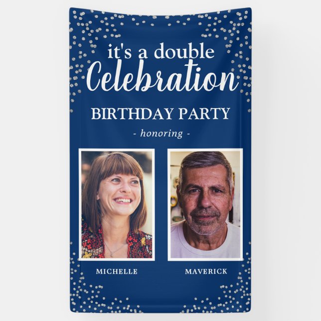Double Photo Blue Silver Birthday Party Banner (Vertical)