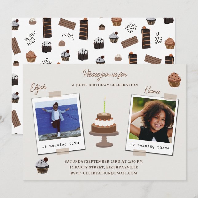 Double Photo Joint Birthday Chocolate Theme Invitation (Front/Back)