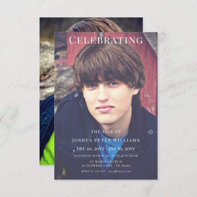 Double Photo Masculine Funeral Service Invitation (Front/Back)