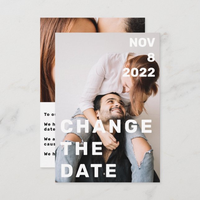 Double photo modern big and bold change the date invitation (Front/Back)