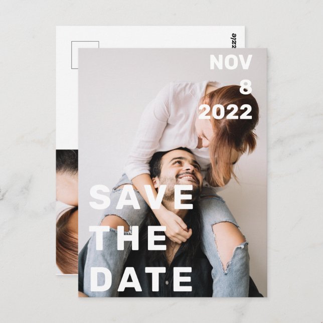 Double photo modern big and bold save the date inv postcard (Front/Back)