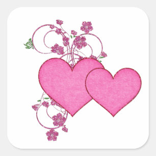 Double Pink Heart & Glitter Design Valentine's Day Square Sticker