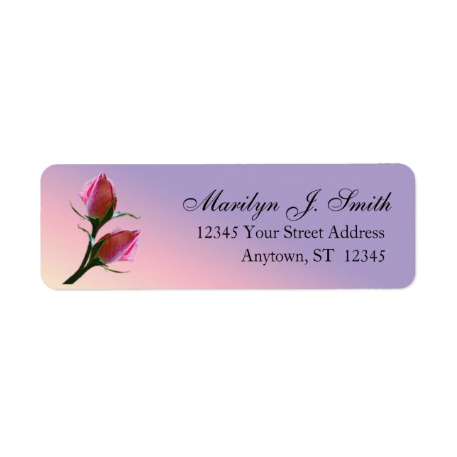 Double Pink Roses On Purple Return Address Label (Front)