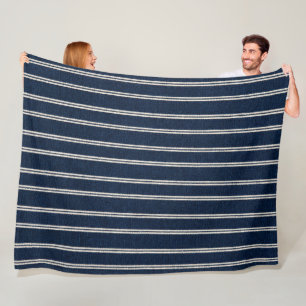 Double Pinstripes Navy Blue Ivory Weave Look Fleece Blanket