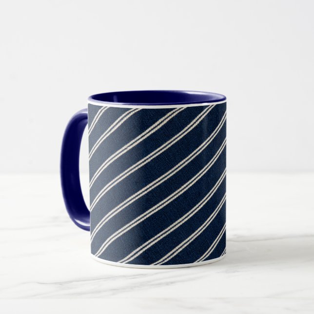 Double Pinstripes Navy Blue Ivory Weave Look Mug (Front Left)