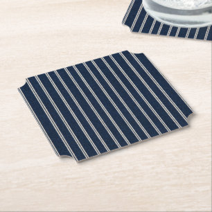 Double Pinstripes Navy Blue Ivory Weave Look Paper Coaster