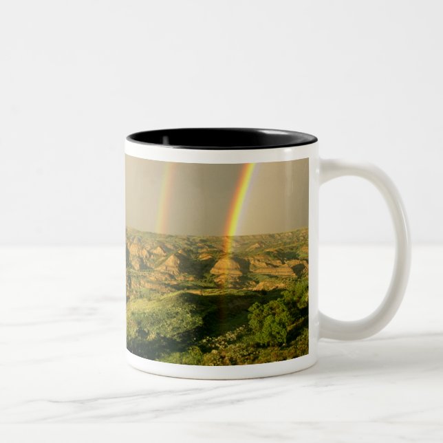 Double Rainbow over Painted Canyon in Theodore Two-Tone Coffee Mug (Right)