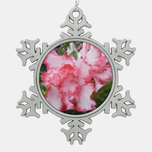 Double Red and White Azaleas Spring Floral Snowflake Pewter Christmas Ornament (Front)