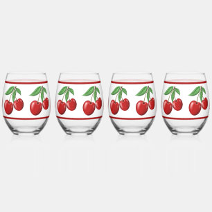 Double Red Cherries Pattern Stemless Wine Glass