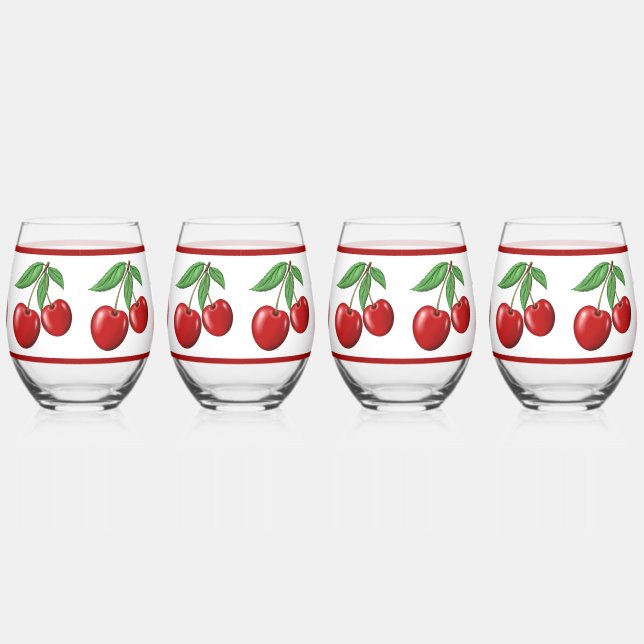 Double Red Cherries Pattern  Stemless Wine Glass (Right)