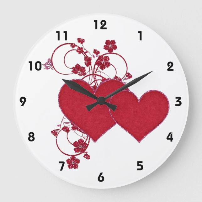 Double Red Hearts & Glitter Design Valentine's Day Large Clock (Front)