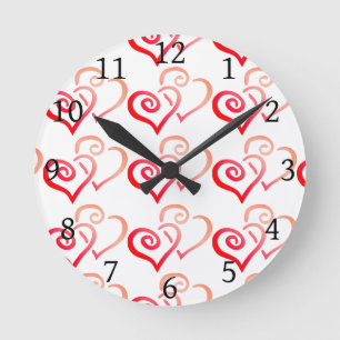 Double Red Swirly Hearts Round Clock