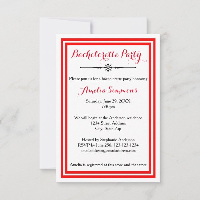 Double Red Trim  - 3x5 Bachelorette Invitation (Front)