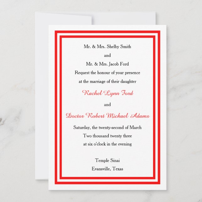 Double Red Trim - 5x7 Wedding Invitation (Front)