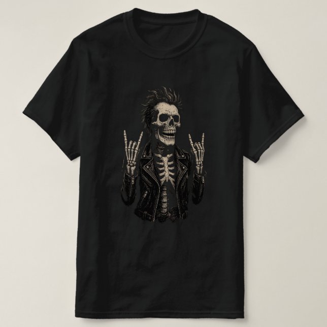 Double Rock Skeleton | Metal Horns Up T-Shirt" T-Shirt (Design Front)