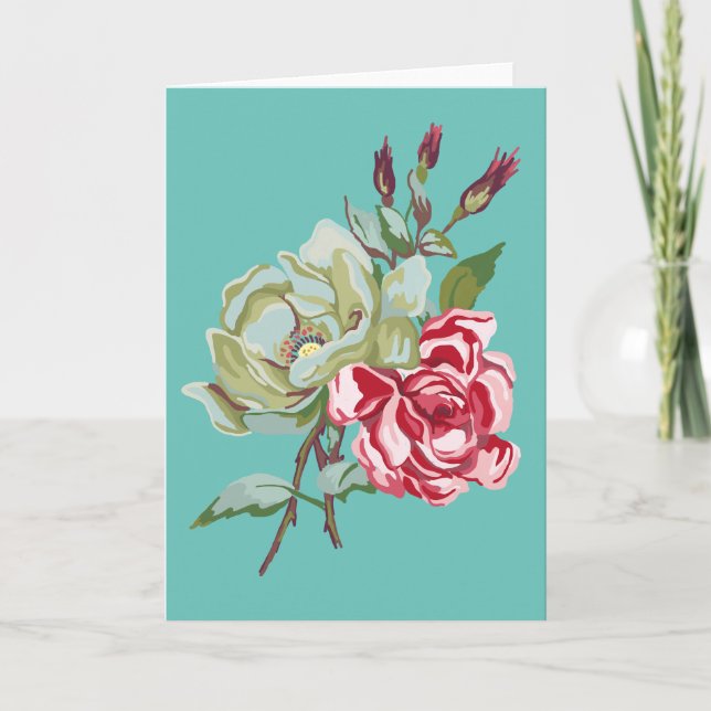 Double Rose on Teal Greeting Card - blank inside (Front)