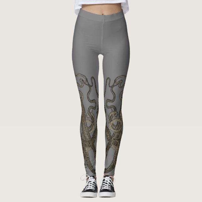 Double Sepia on Grey Vintage Octopus Leggings (Front)