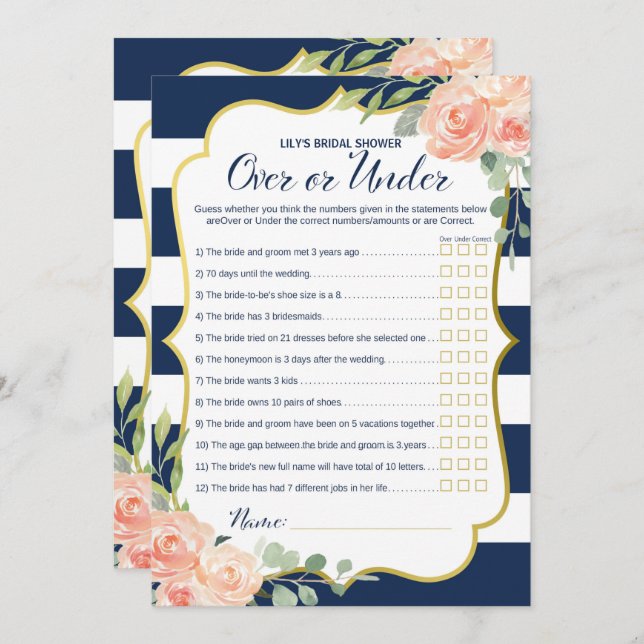 Double Side Navy Gold Bridal Shower Games Size Invitation (Front/Back)