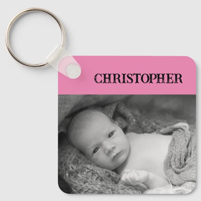 Double sided 2 photos add names pink key ring (Front)