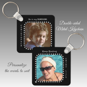Double sided 2 photos name black grey key ring