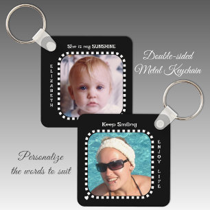 Double sided 2 photos name black white key ring
