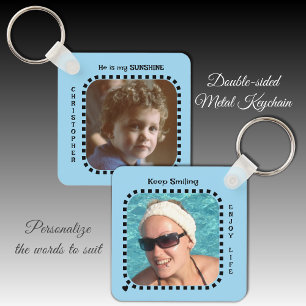 Double sided 2 photos name sunshine blue key ring