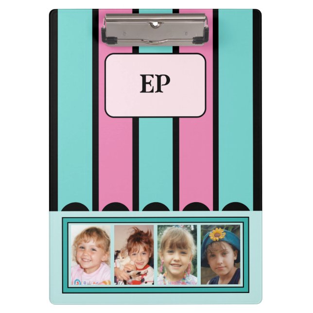 Double sided add initials 8 photos pink mint clipboard (Front)