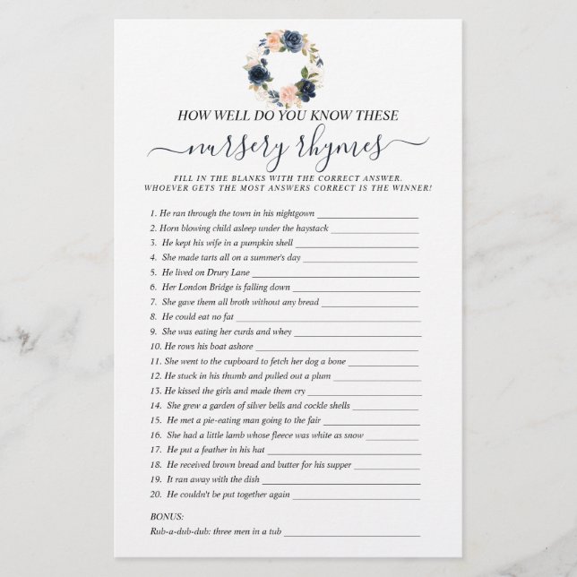 Double Sided Baby Pink Navy Floral Wreath Games (Front)