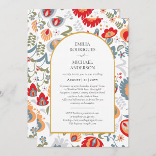 Double Sided BILINGUAL Wedding Folk Art Flowers In Invitation