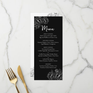 Double-Sided Black White Boho Floral Wedding Bar+ Menu