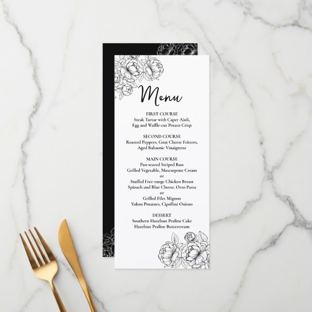 Double-Sided Black White Boho Floral Wedding Bar+ Menu (Front/Back In Situ)