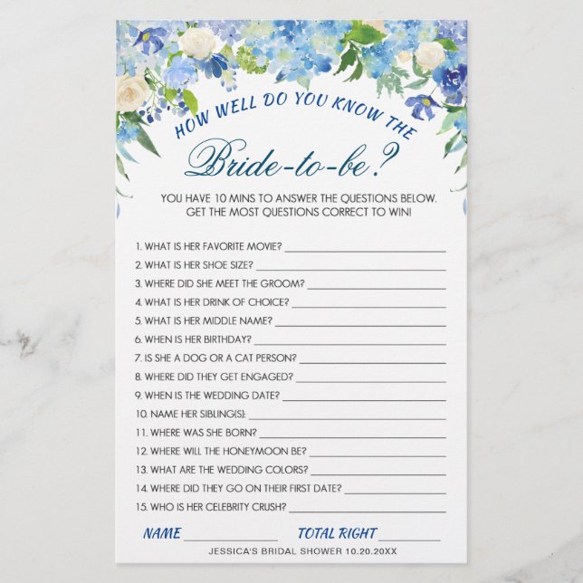 DOUBLE SIDED Blue Hydrangea Bridal Shower Game (Front)