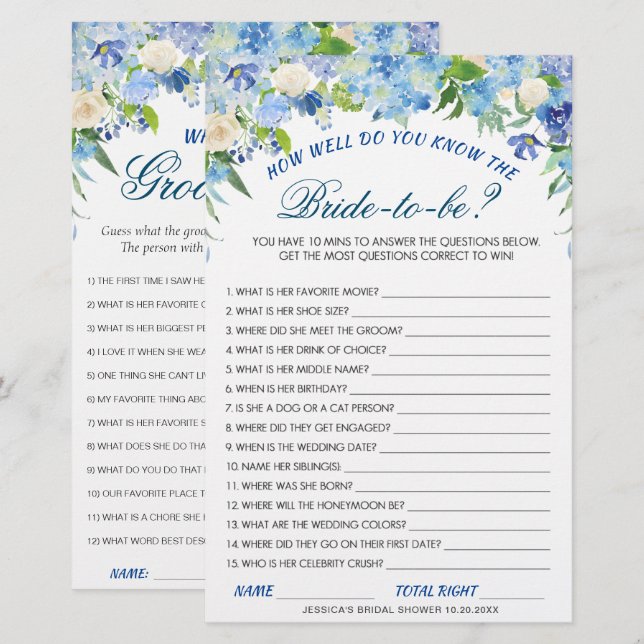 DOUBLE SIDED Blue Hydrangea Bridal Shower Game (Front/Back)