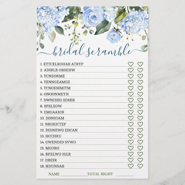 DOUBLE SIDED Blue Hydrangea Bridal Shower Game (Front)