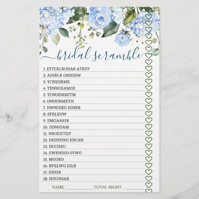 DOUBLE SIDED Blue Hydrangea Bridal Shower Game (Front)