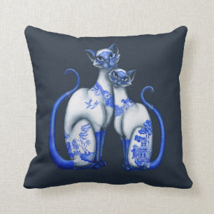 DOUBLE SIDED Blue Willow Siamese Cats AND Owl Cushion