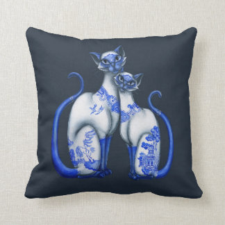DOUBLE SIDED Blue Willow Siamese Cats AND Owl Cushion