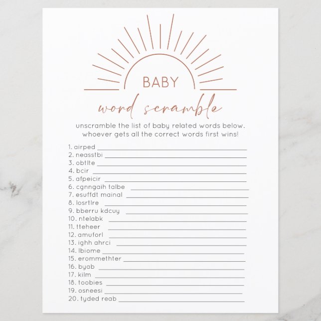 Double Sided Boho Sun Baby Shower Game Card (Front)