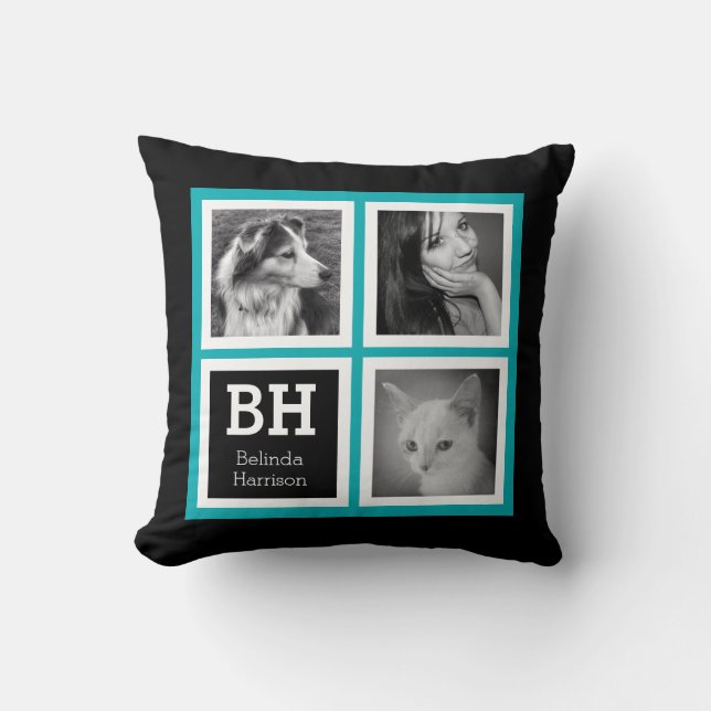Double Sided Bright Blue Black Instagram Photos Cushion (Front)