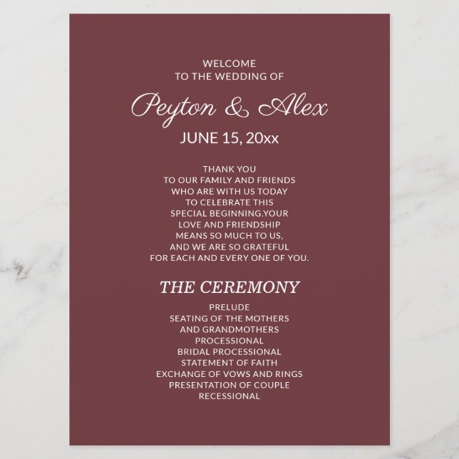 Double-Sided Burgundy Wedding Program Bridal Party (Front)