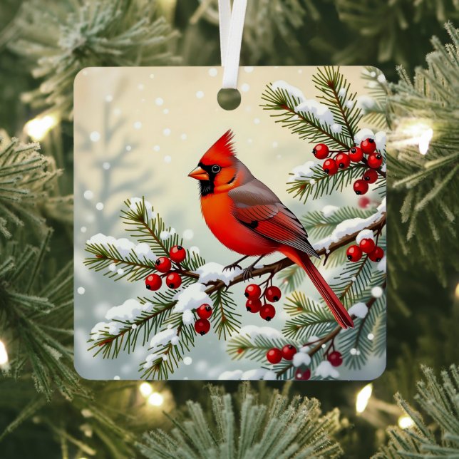 Double Sided Christmas Cardinals Metal Tree Decoration (Insitu)