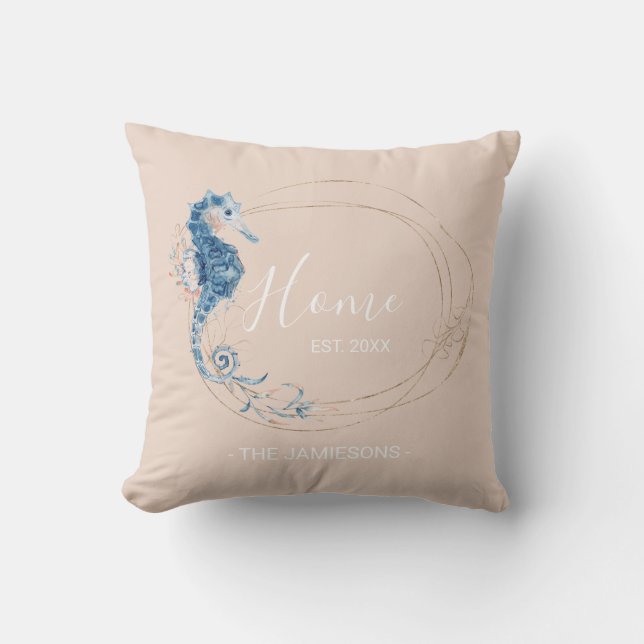 Double-sided Coastal watercolor Seahorse custom Th Cushion (Front)