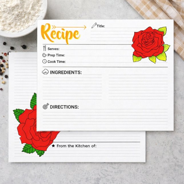 Double Sided Cute Flower Floral Blank Recipe Card (cute floral recipe card, red flower recipe pages)