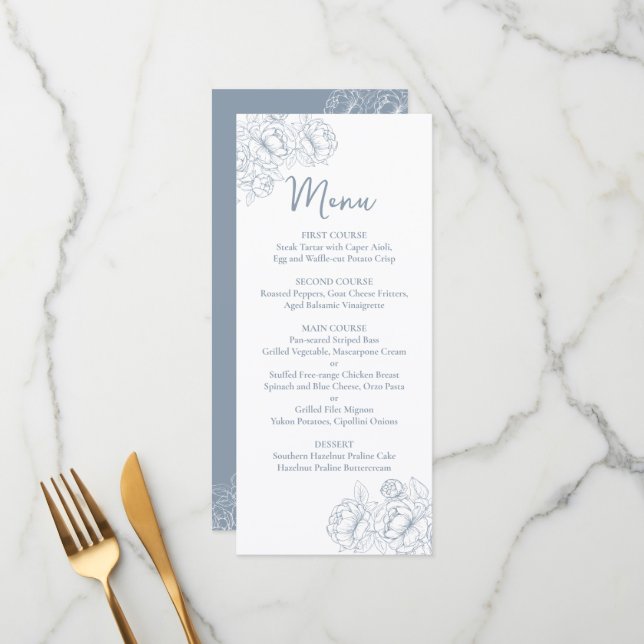 Double-Sided Dusty Blue Boho Floral Wedding Drink+ Menu (Front/Back In Situ)