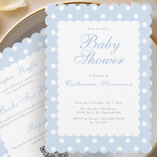 Double Sided Dusty Blue Dot Baby Shower Invitation (Creator Uploaded)