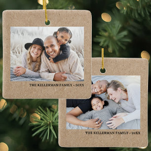 Double Sided Family Two Photo Kraft Ceramic Ornament