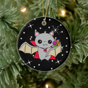 Double Sided Halloween Bats and Trick or Treating Ceramic Ornament