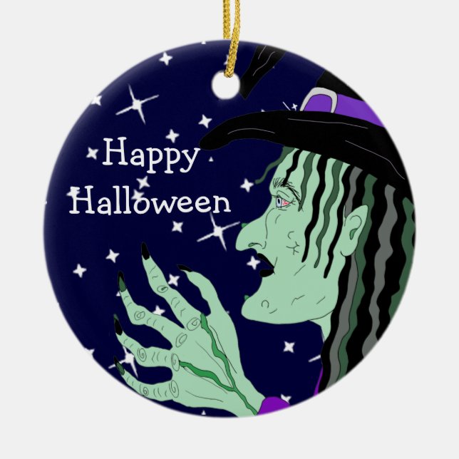 Double Sided Halloween Witches Keepsake Ceramic Ornament (Front)