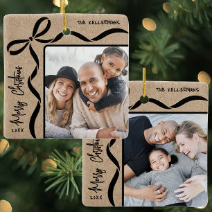 Double Sided Kraft Family Two Photo Christmas Ceramic Ornament
