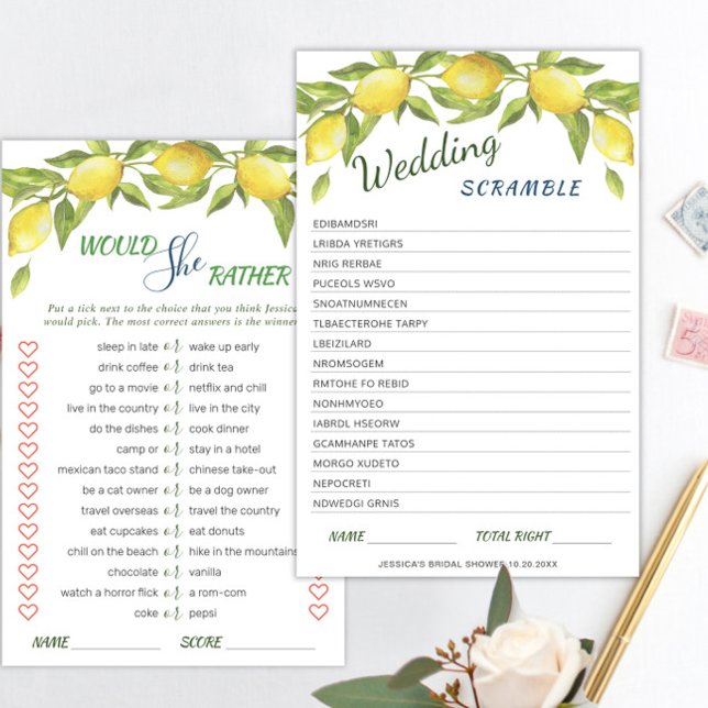 DOUBLE SIDED Lemons & Greenery Bridal Shower Game (Creator Uploaded)